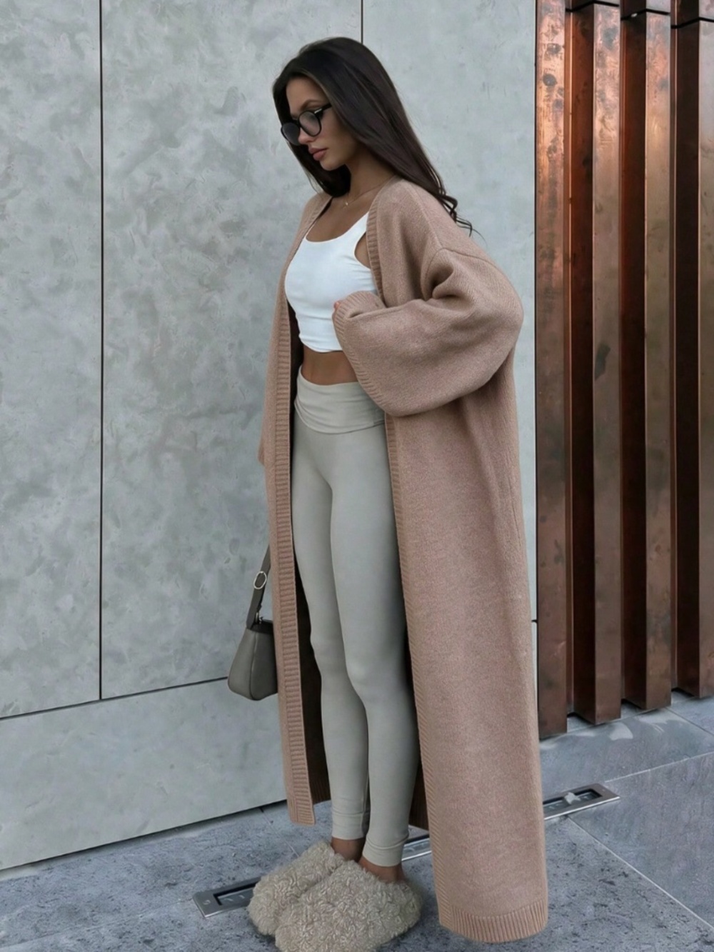 Brown Oversized Knit Long Open Cardigan
